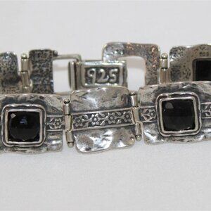 Vintage Israel Sterling Silver Panel Link Bracelet w/Flowers & Faceted Spinel